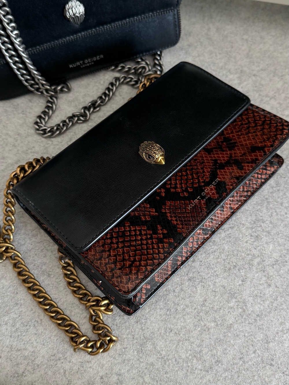 Kurt Geiger Black and Brown Snake-Print Crossbody with Gold Chain